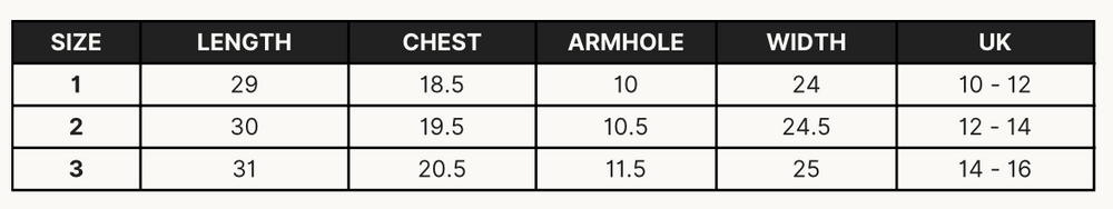 Size guide for mocha set