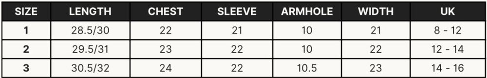 Size guide for ara set